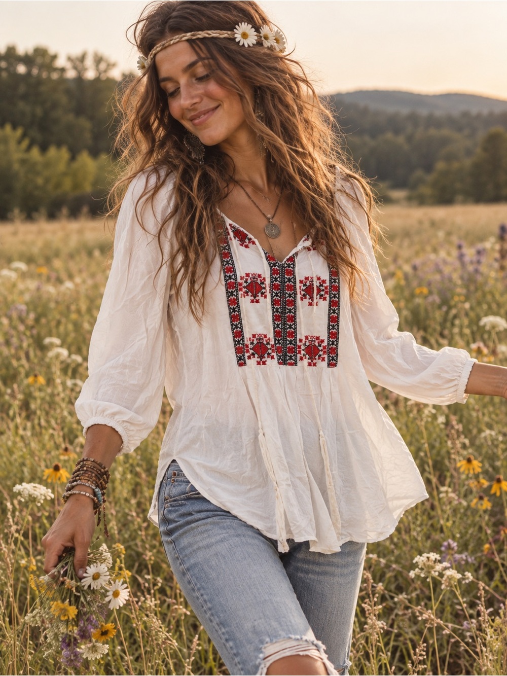 Angie White Peasant Blouse with Red Embroidery